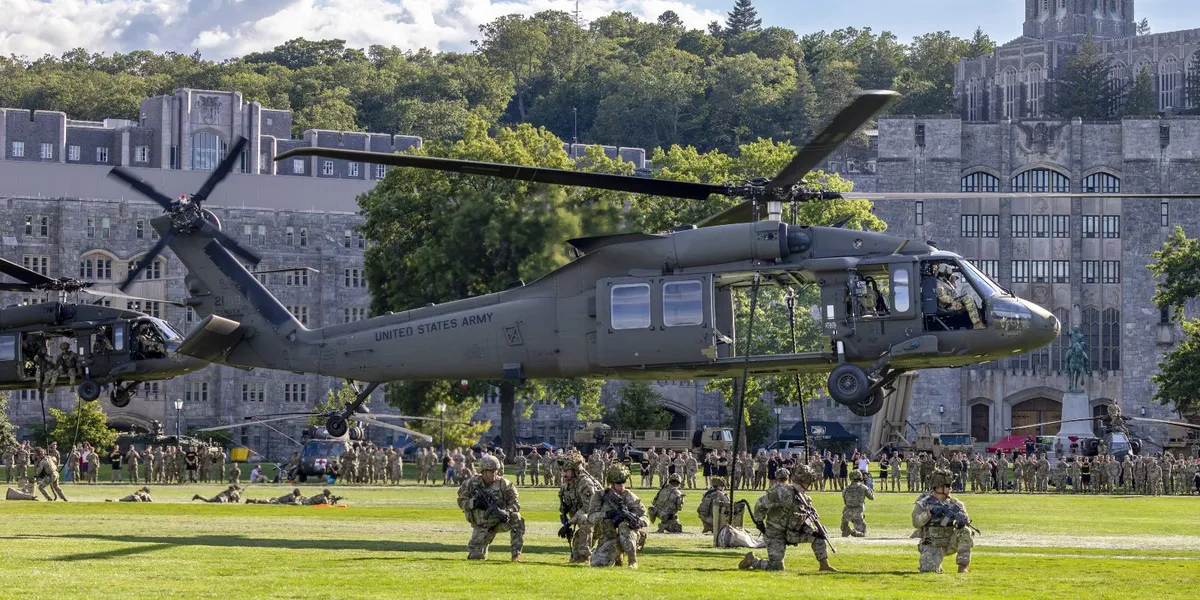 Military installation with Army helicopters at West Point
